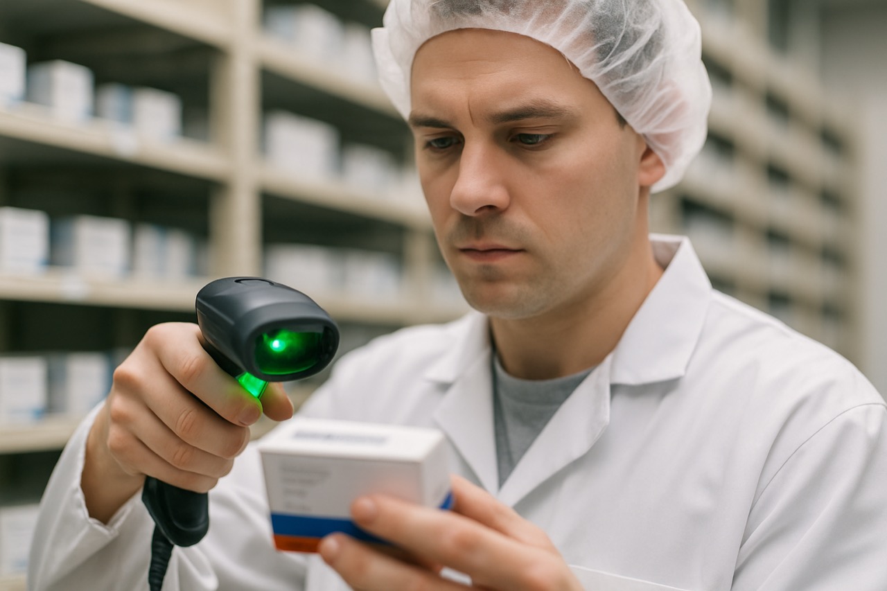 Pharmacist scanning a serialized carton barcode against its DSCSA transaction record